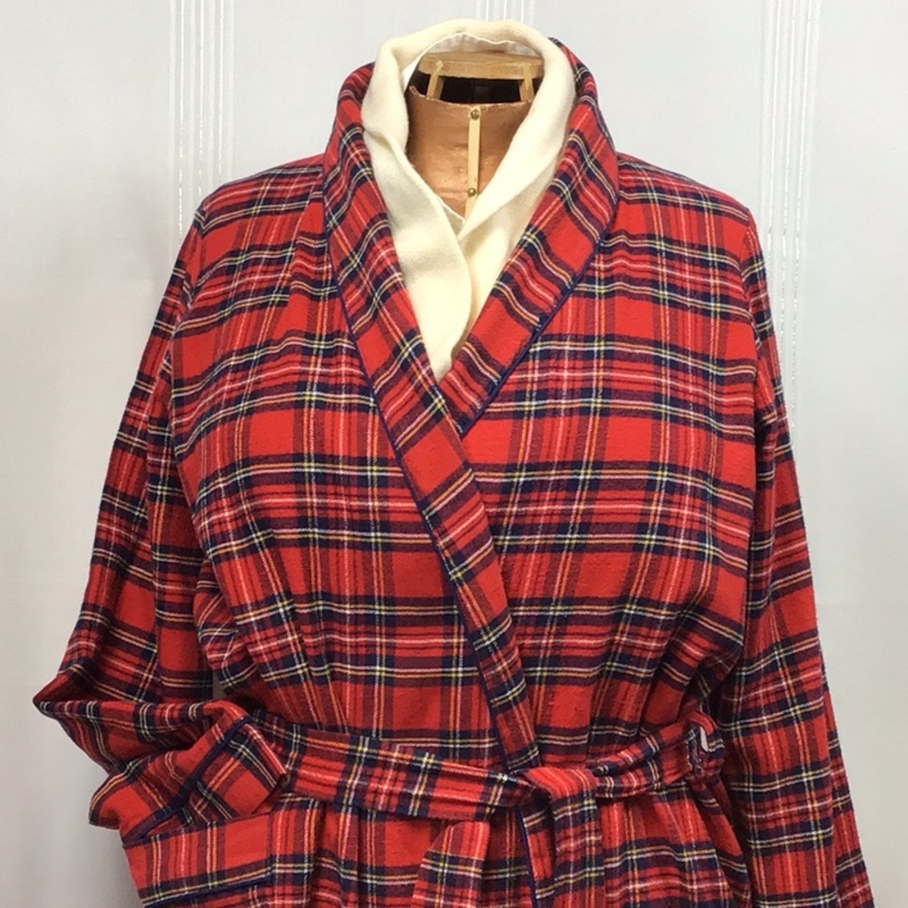 Vintage Red Plaid Tartan Blue Piping Self Tie Belt Front Pocket Flannel Maxi - Picture 15 of 15